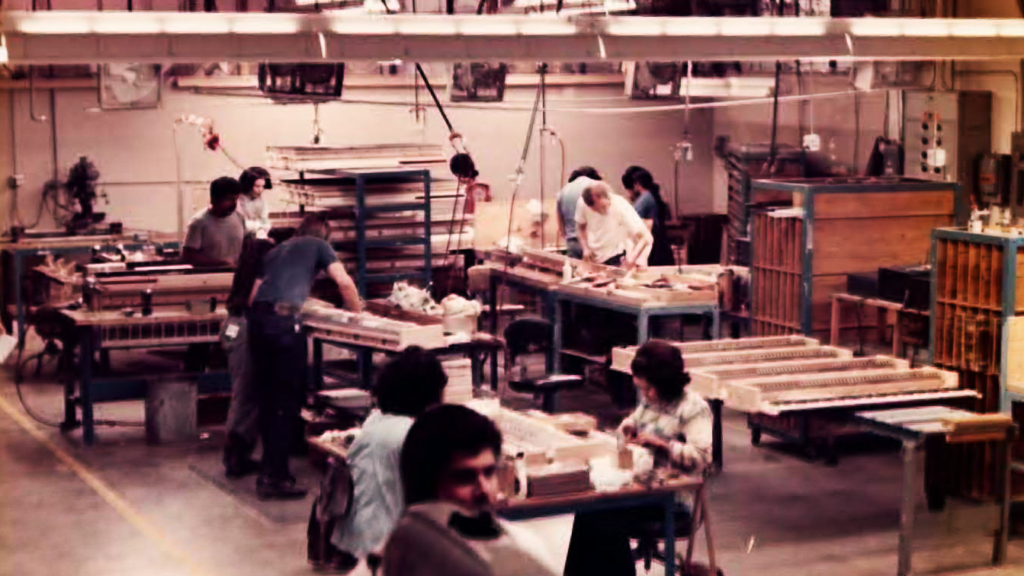 Historical image of the Rhodes Fullerton Factory, including keyboard preparation / Image credit: Roger Garvin