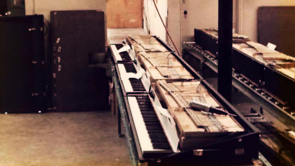 Rhodes Piano production line/final assembly/setup during the early 1970’s / Image Credit: Roger Garvin